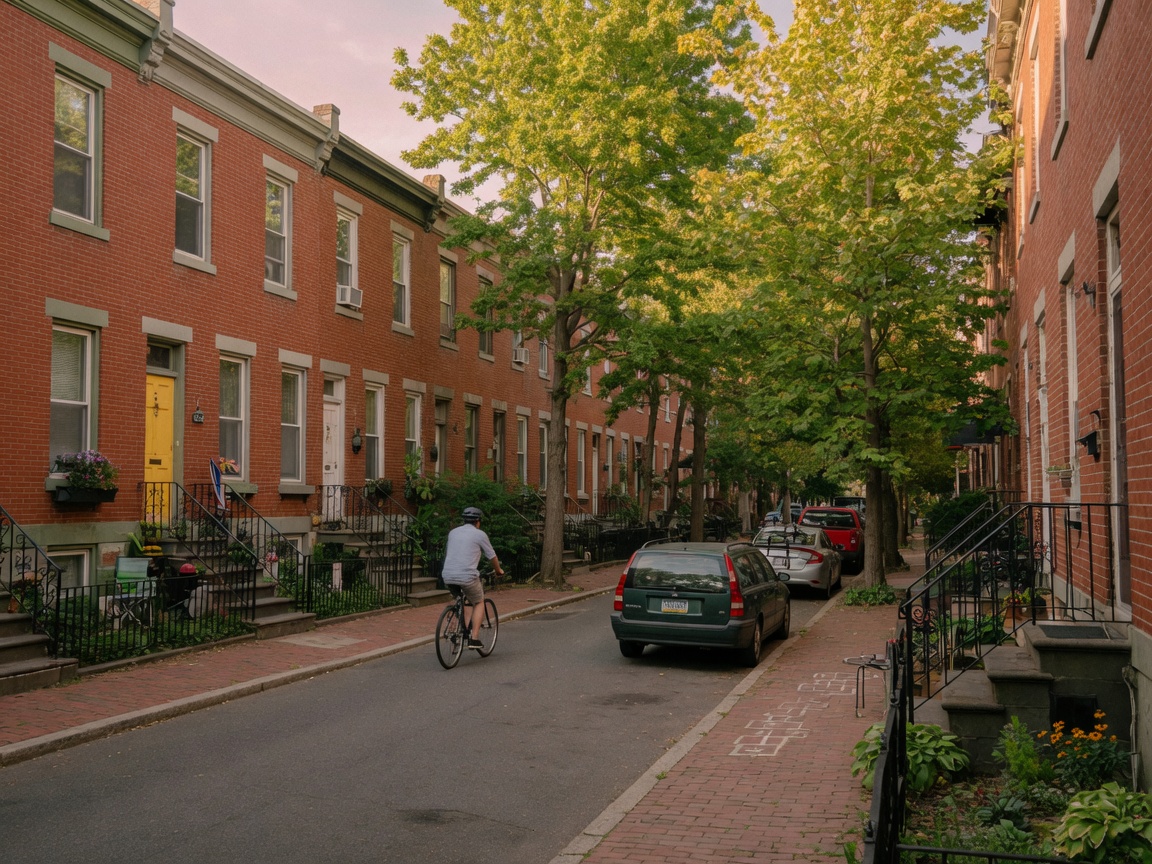 Tree-lined residential street in Fairmount Philadelphia with red brick rowhouses, small front gardens, and mature deciduous trees arching overhead