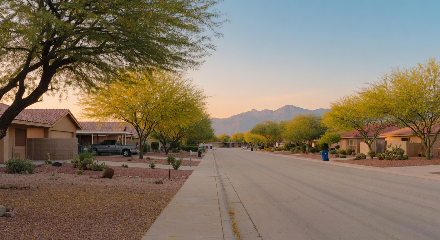 Aerial view of ranch estate in Arizona desert suburbs at golden hour