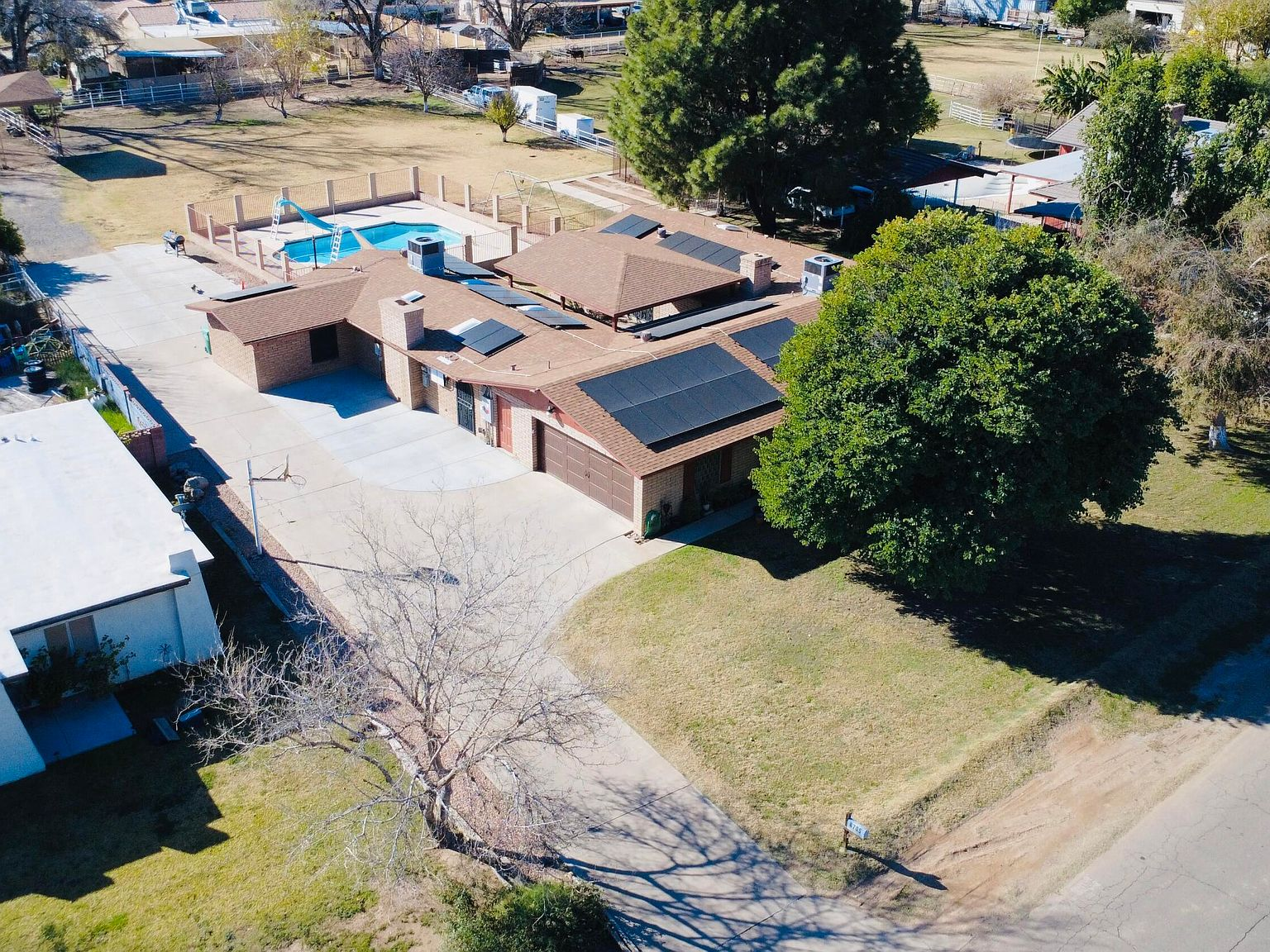 Aerial view of the ranch estate showing the full property