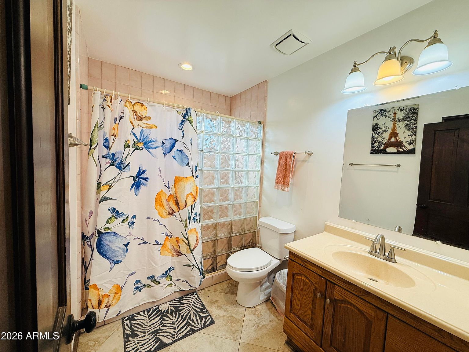 Bathroom with glass block shower partition