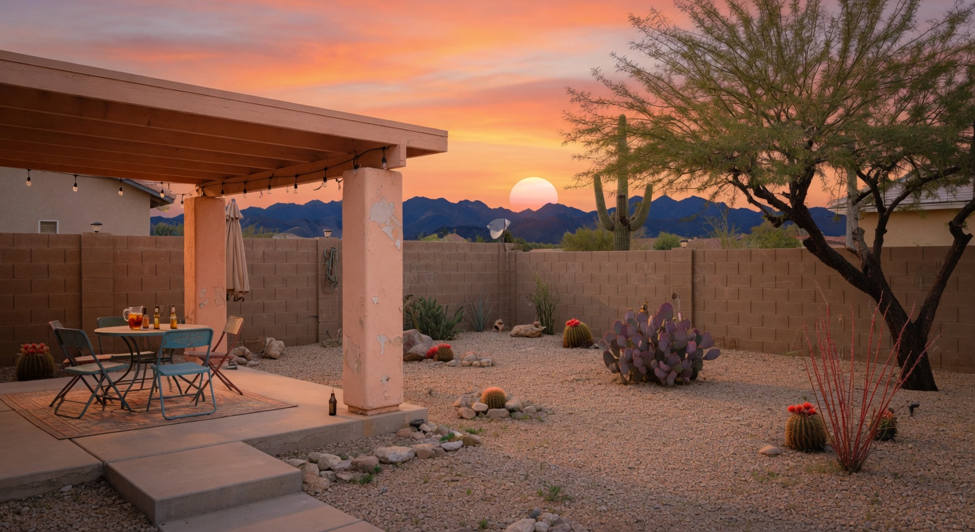 Covered patio at sunset at 1323 S 173rd Lane with warm light and desert sky