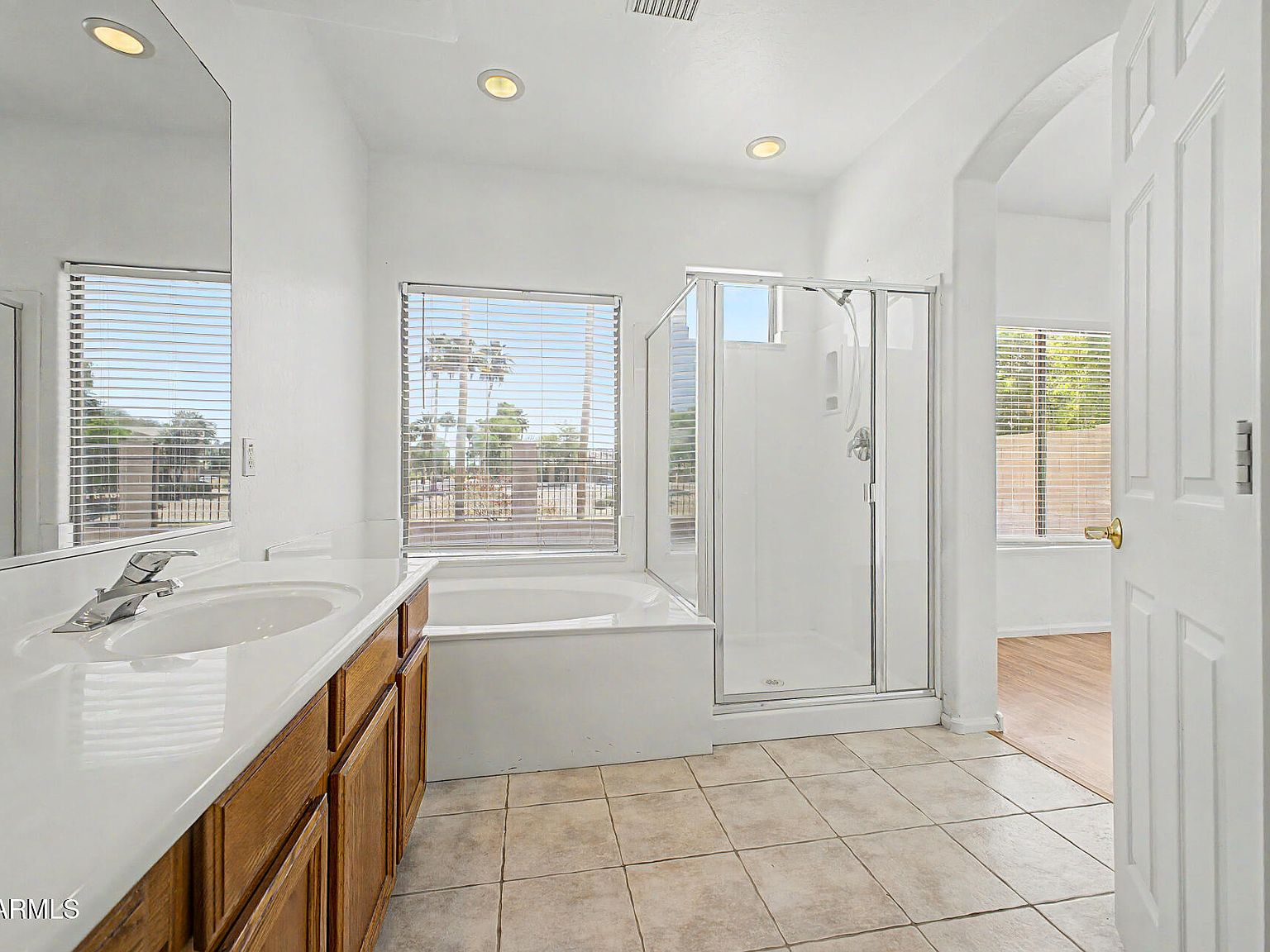 Primary bathroom with separate soaking tub and glass-enclosed shower