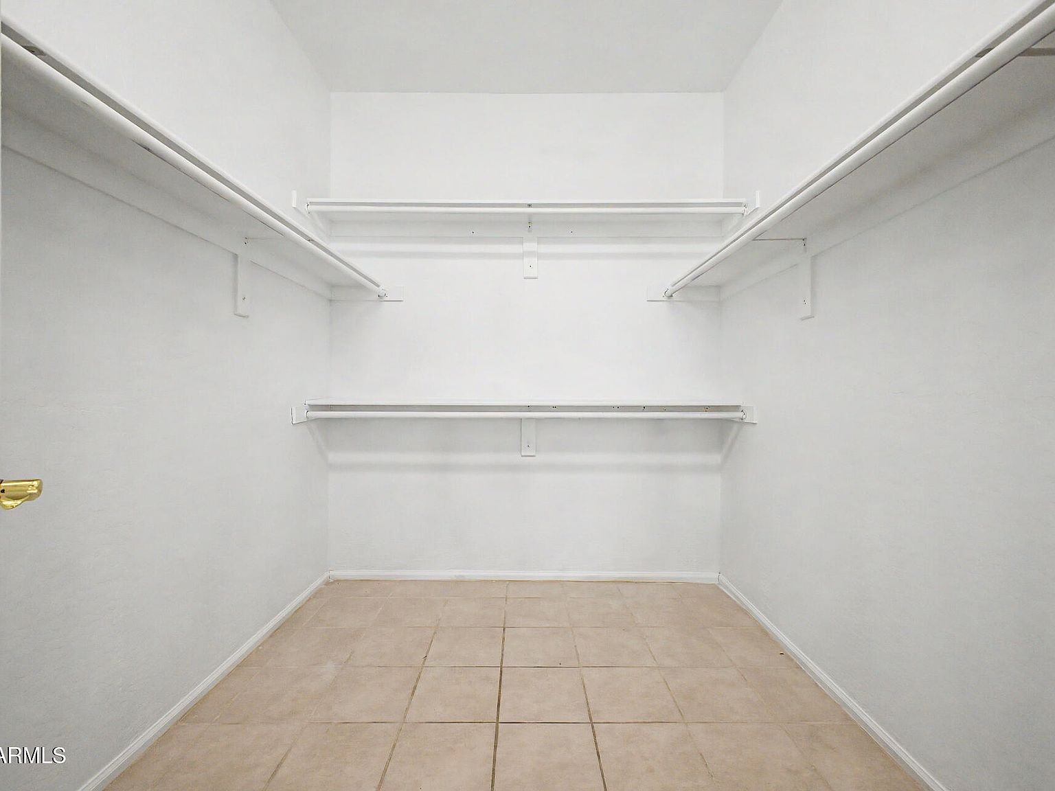 Primary walk-in closet with built-in shelving and hanging rods