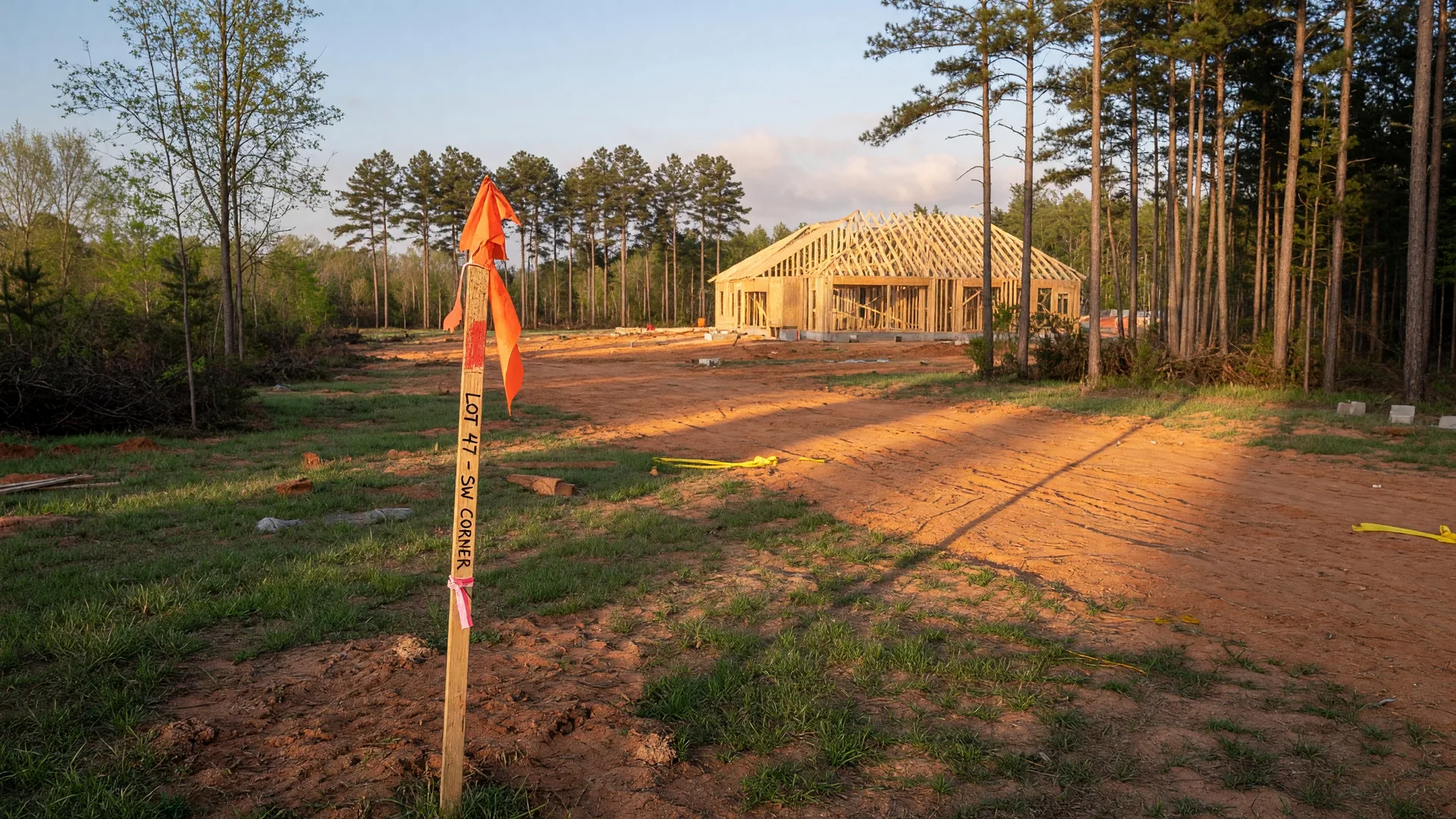 A cleared homesite in a Virginia new construction subdivision with a survey stake and orange flagging in the foreground and a house frame under construction in the distance on a bright spring morning