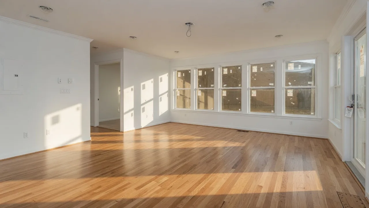 Bright, empty new construction living room with fresh hardwood floors and large windows letting in natural light