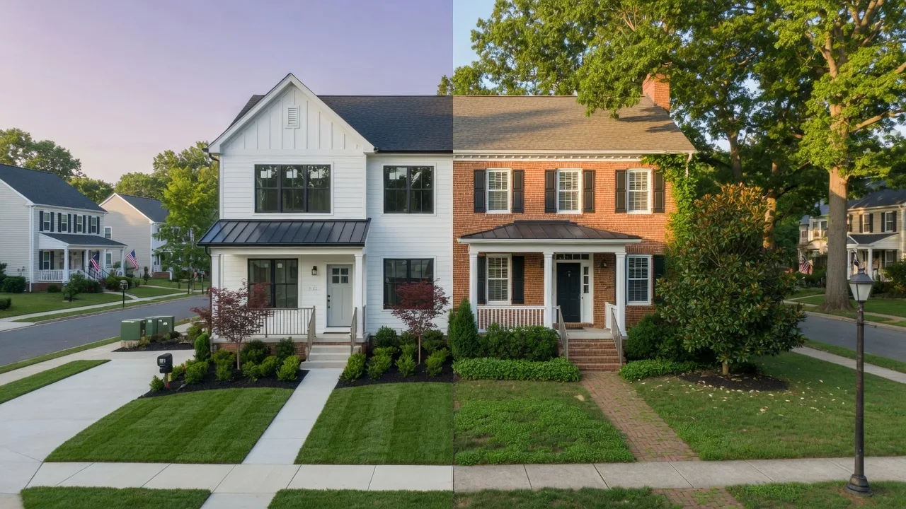 Side-by-side comparison of a modern new construction townhome and a classic established brick colonial home in a Virginia suburban neighborhood