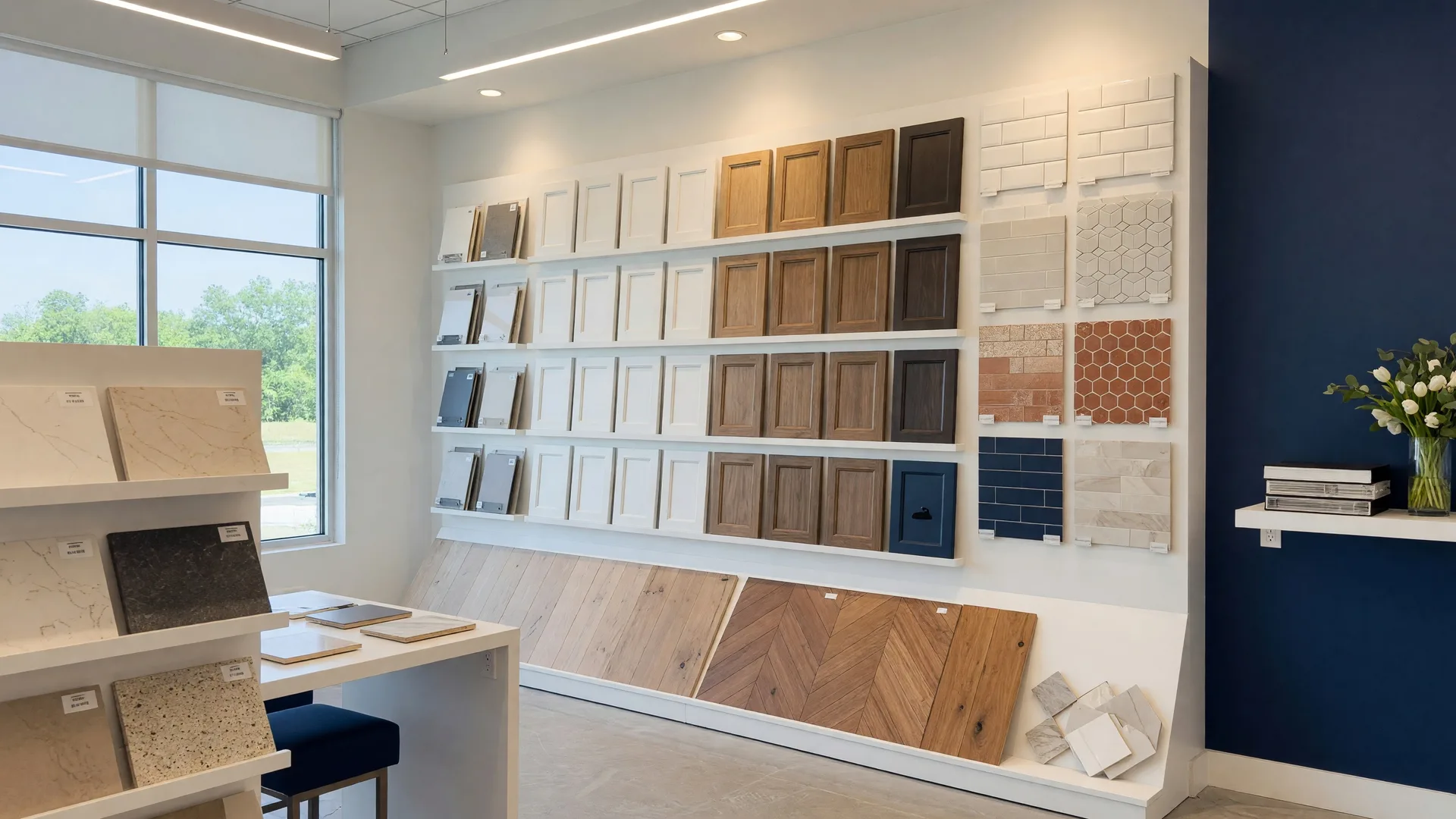 Modern new construction design center showroom with countertop samples, cabinet finishes, and flooring selections displayed under soft lighting