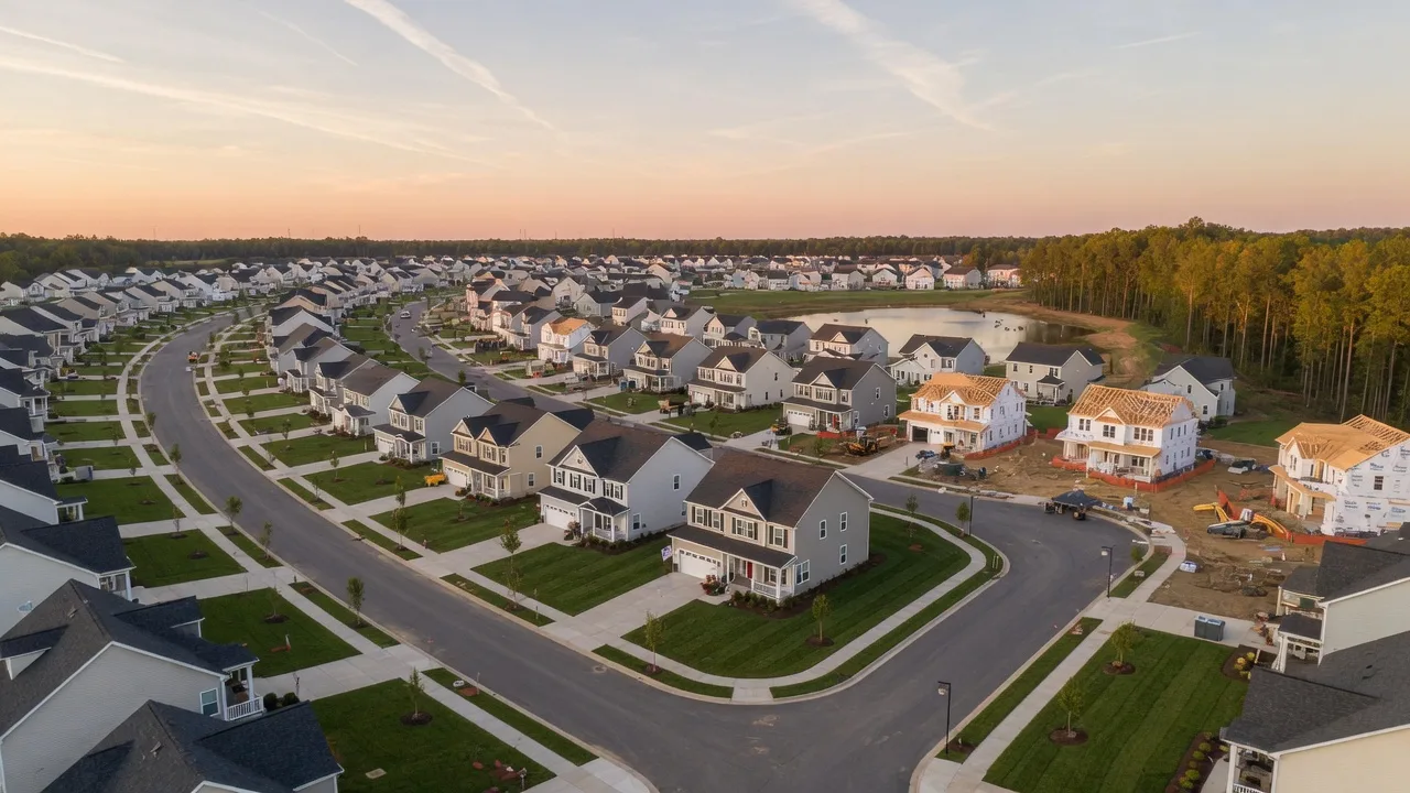 Aerial view of a new construction community in Virginia with completed homes and homes under construction along tree-lined streets