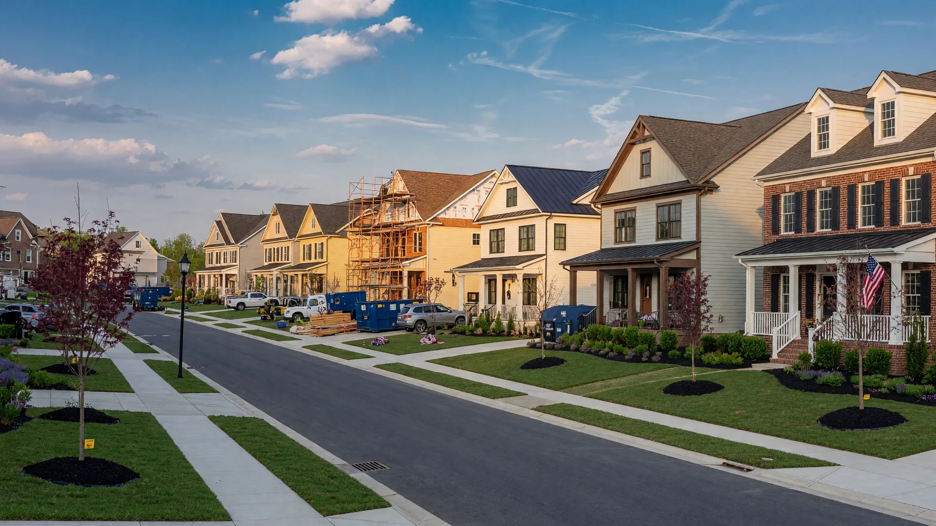 New construction homes in a Virginia subdivision with varied architectural styles, fresh landscaping, and sidewalks
