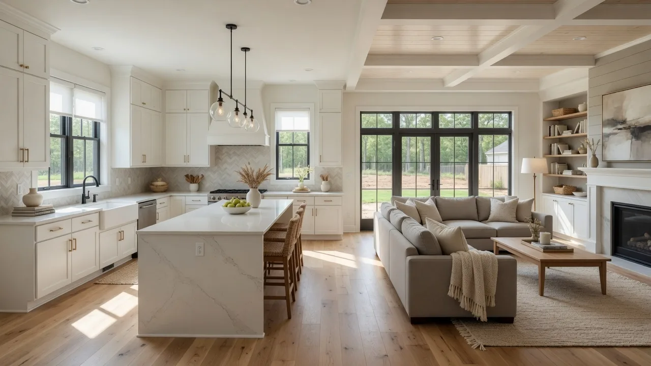 Bright, modern new construction kitchen and living room with quartz countertops and natural light