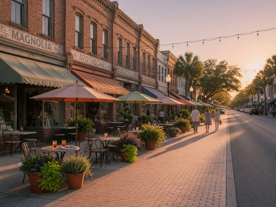 Downtown Sanford street with brick buildings and outdoor cafe seating in Sanford FL