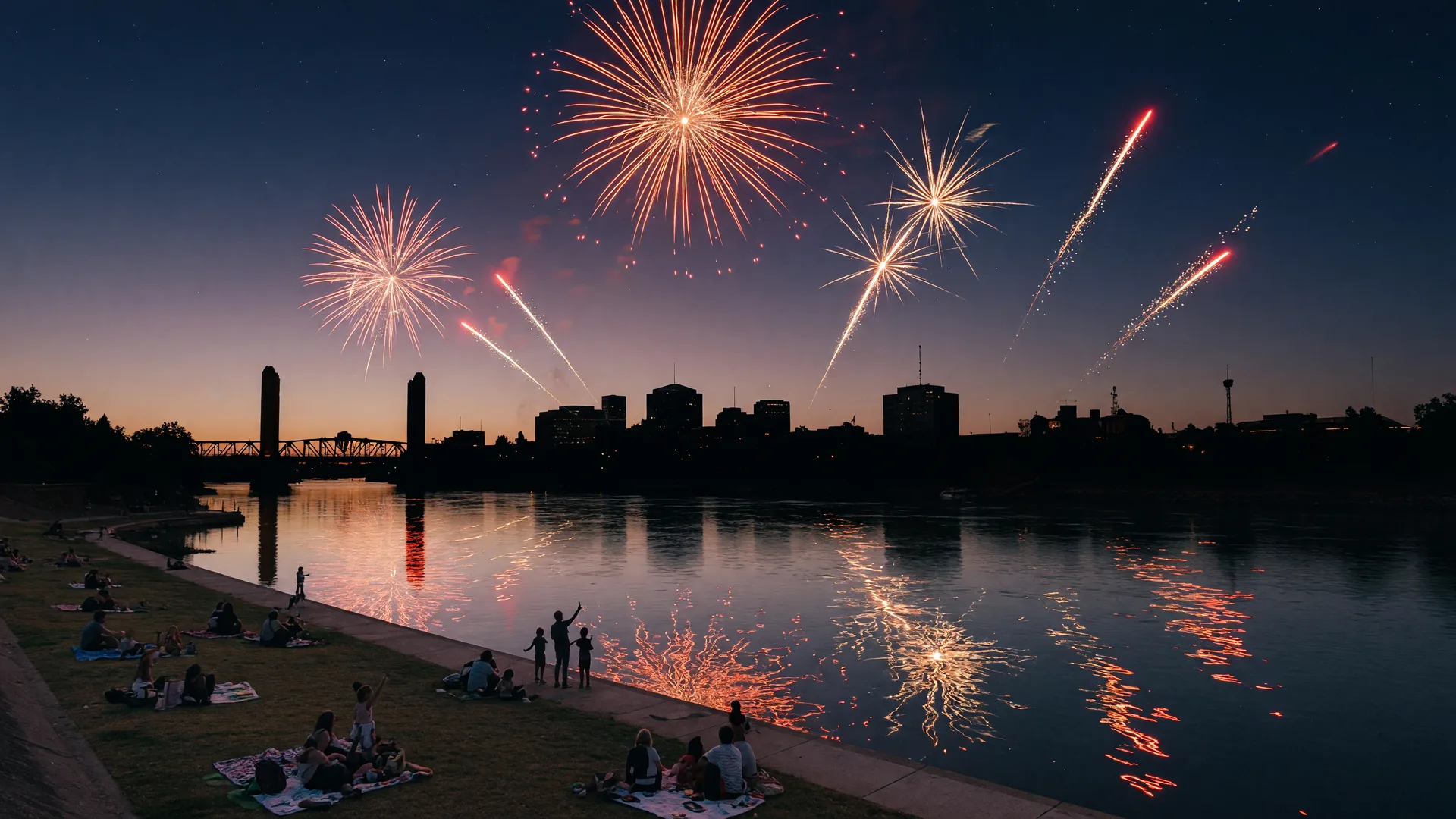 Colorful fireworks bursting over a riverfront at night with reflections on the water