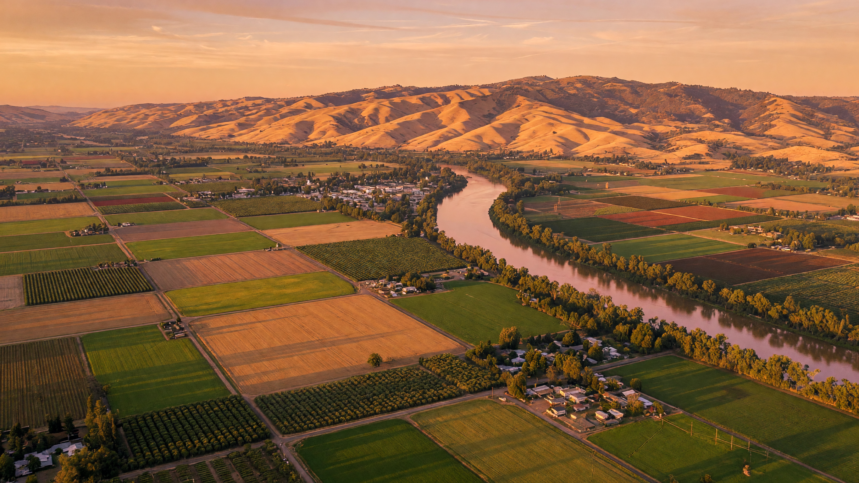 Aerial view of Northern California Sacramento Valley at golden hour