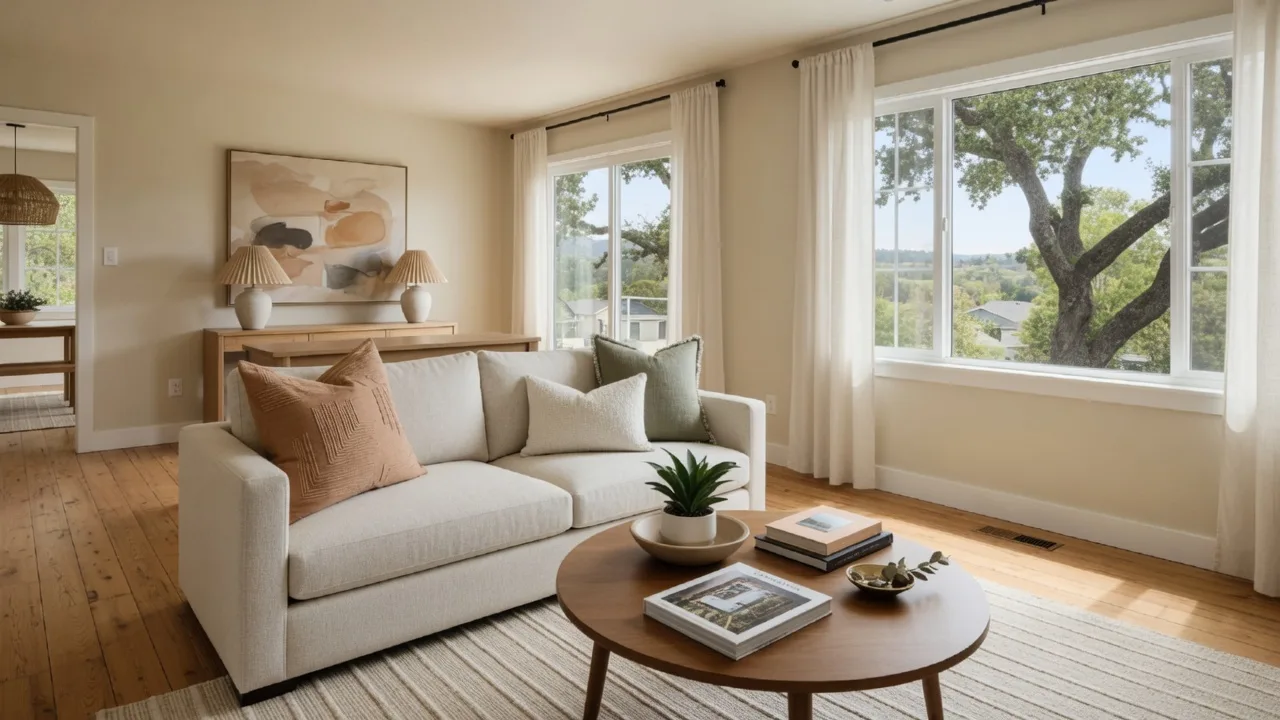 Beautifully staged living room with neutral tones, natural light, and tasteful decor ready for home buyers to tour
