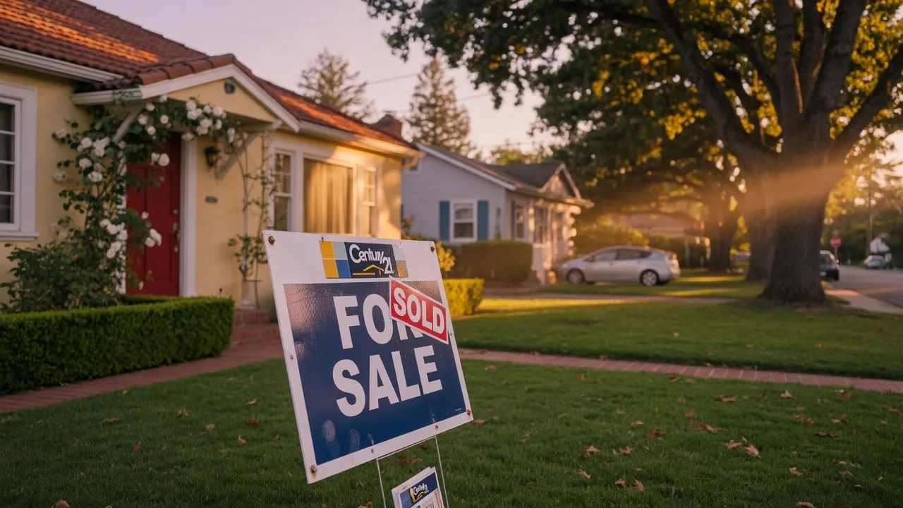 For Sale sign on a tree-lined suburban street in Northern California on a sunny afternoon