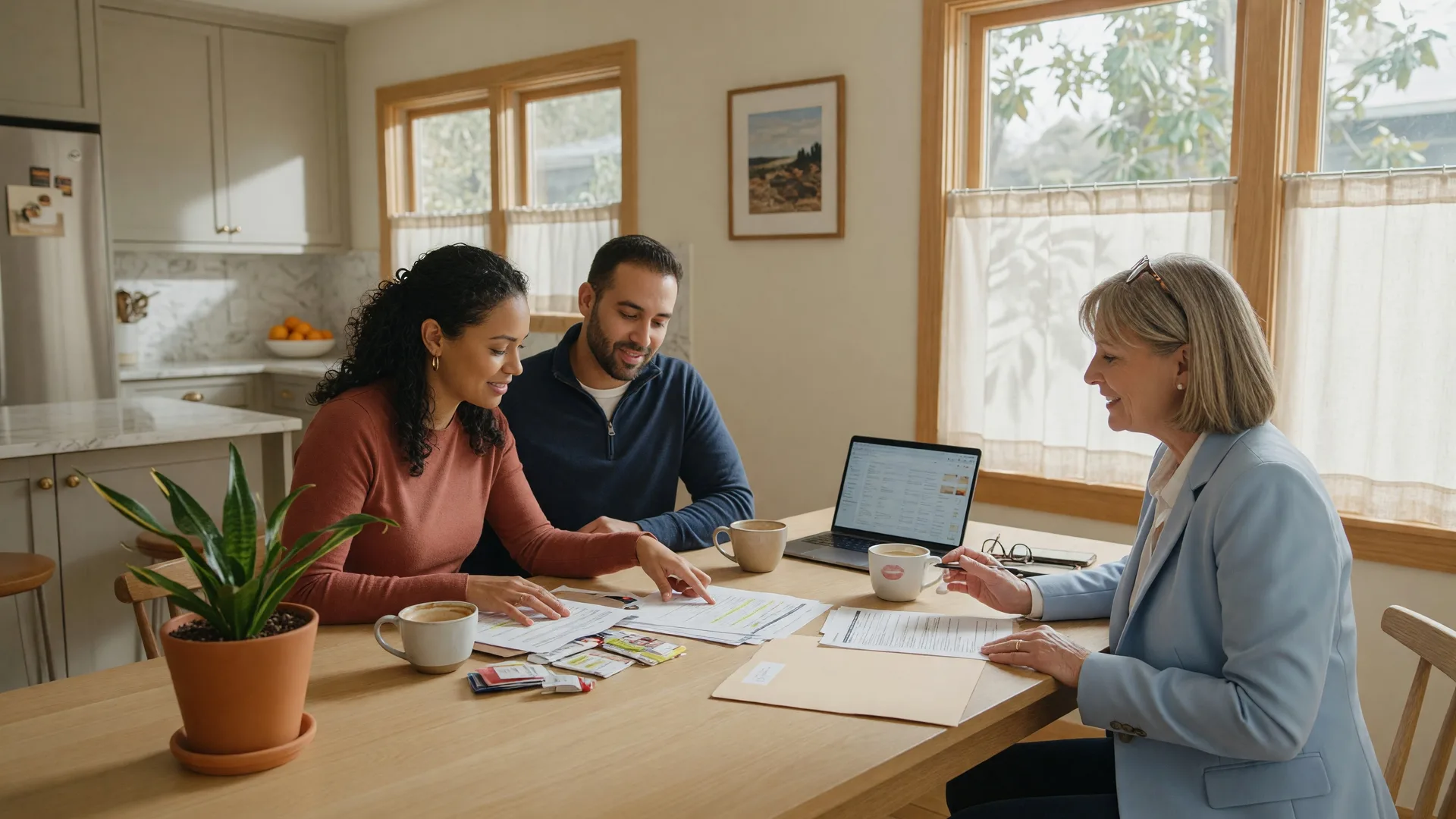 A couple reviewing paperwork at a bright kitchen table with a laptop and coffee mugs