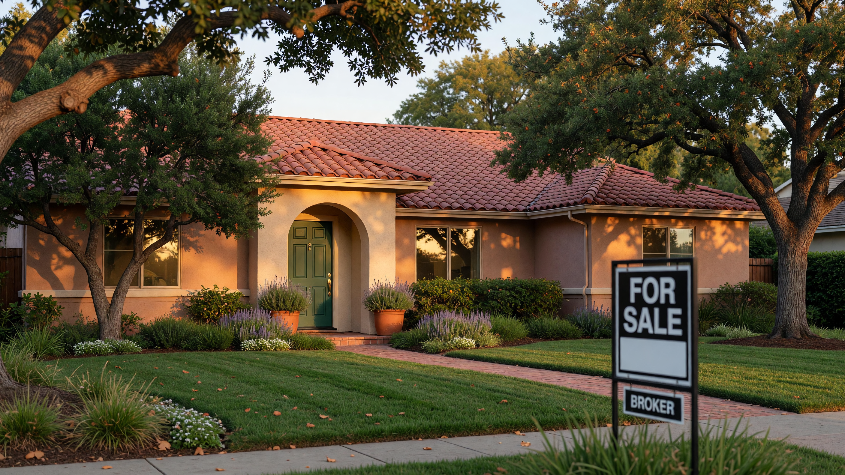 Beautifully maintained Northern California home exterior at golden hour