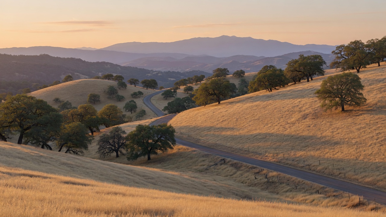 Northern California Sierra foothills landscape at golden hour