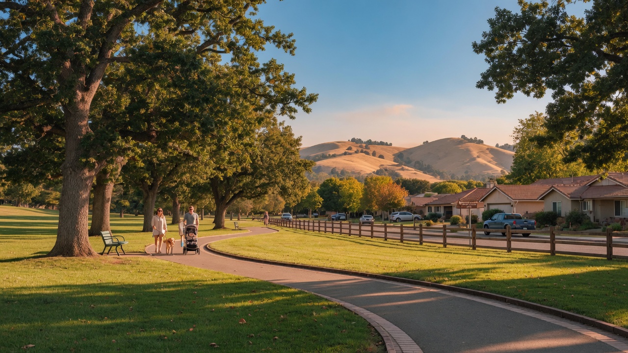 Peaceful park with walking paths and mature oak trees during golden hour