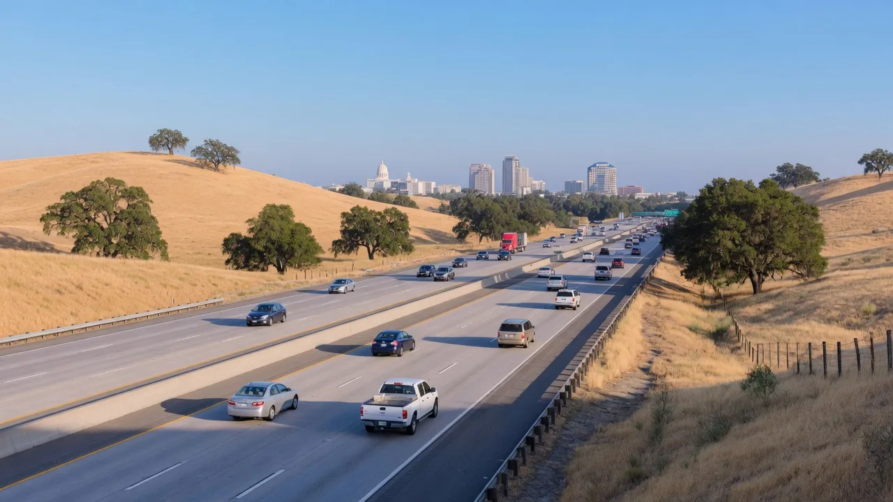 Morning commute on a Northern California highway with golden hills