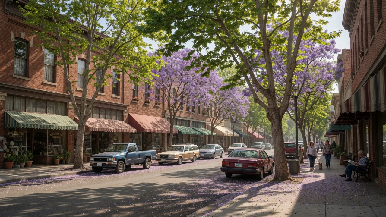 Charming tree-lined main street in a Northern California small town
