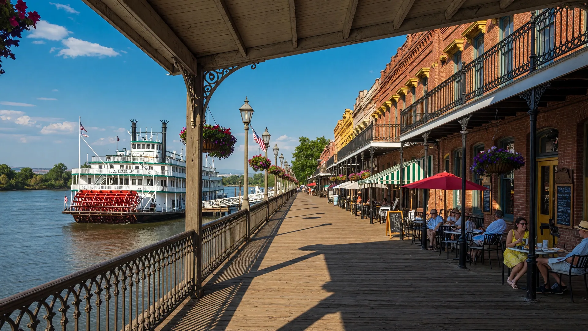 Historic Old Sacramento boardwalk along the Sacramento River with brick buildings and the Delta King riverboat