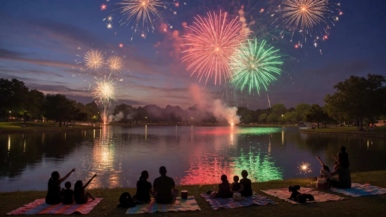 Colorful fireworks bursting over a small-town park lake at night with family silhouettes
