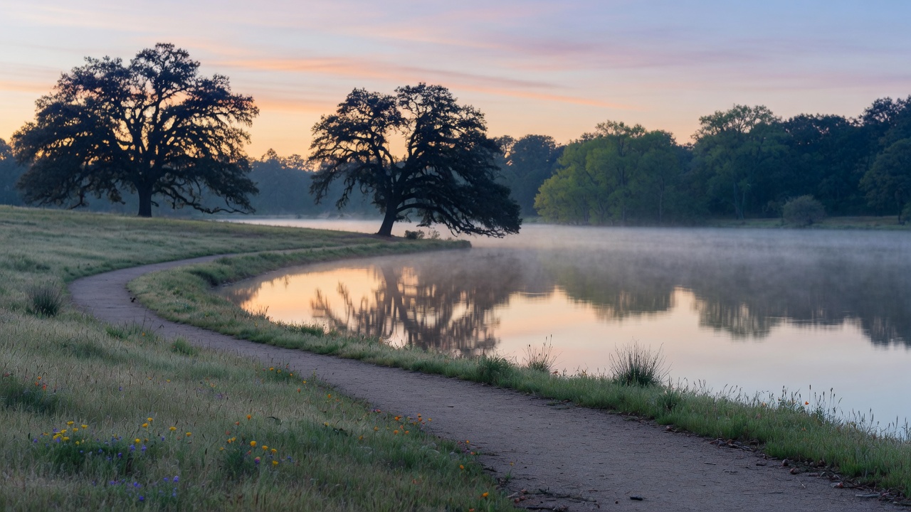 Peaceful Northern California lakeside scene at dawn with calm water