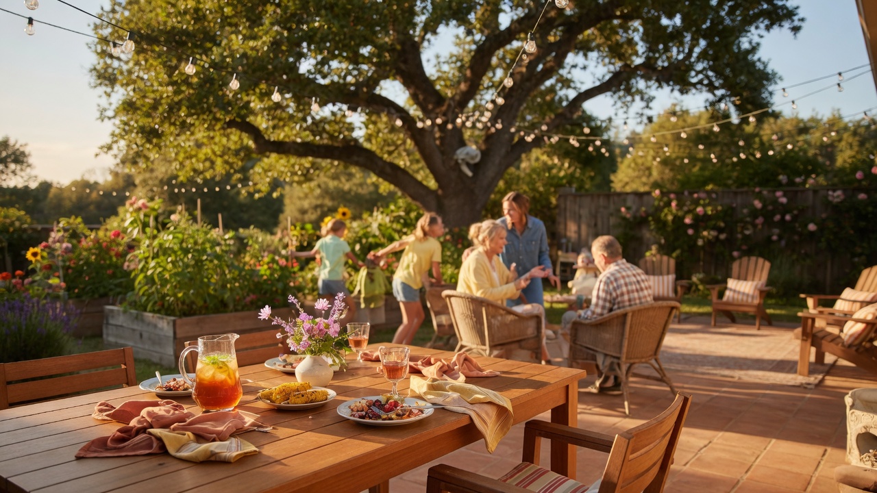 Warm family gathering in a Northern California backyard with string lights