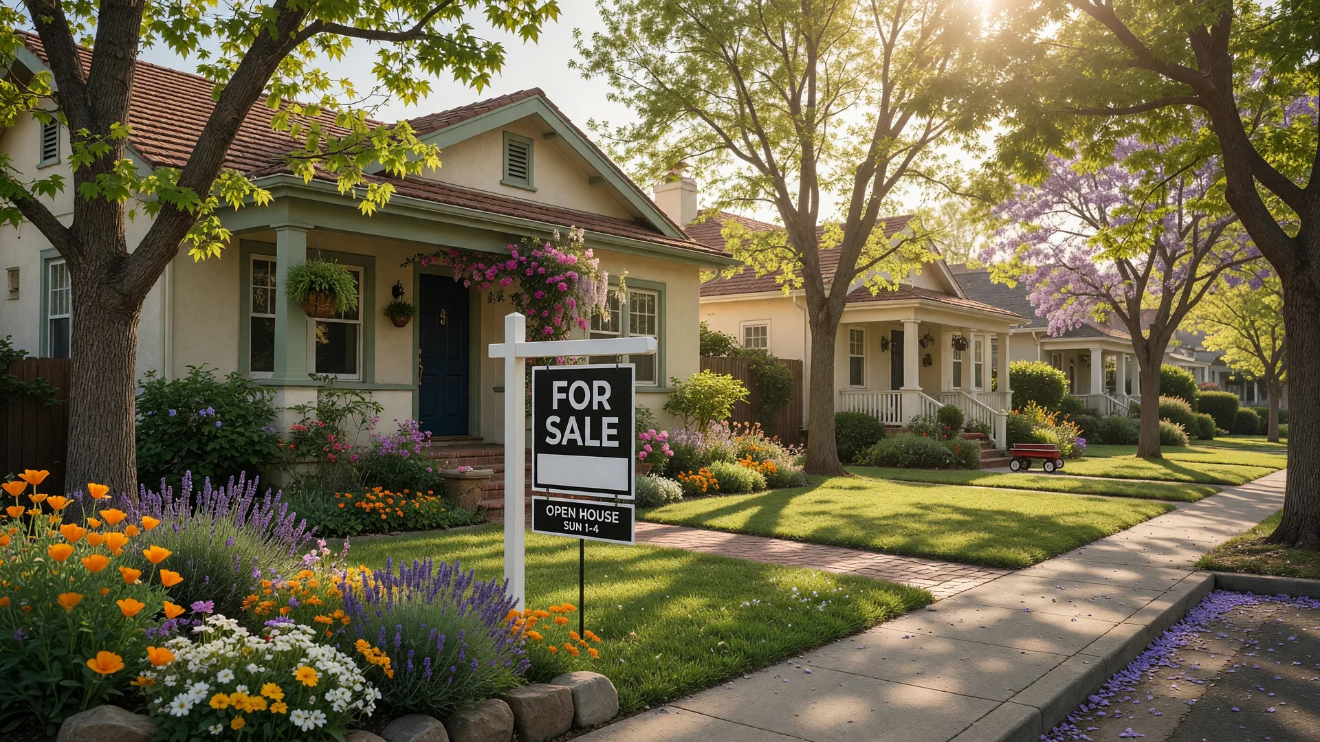 A single-family home with a For Sale sign in a tree-lined Northern California neighborhood