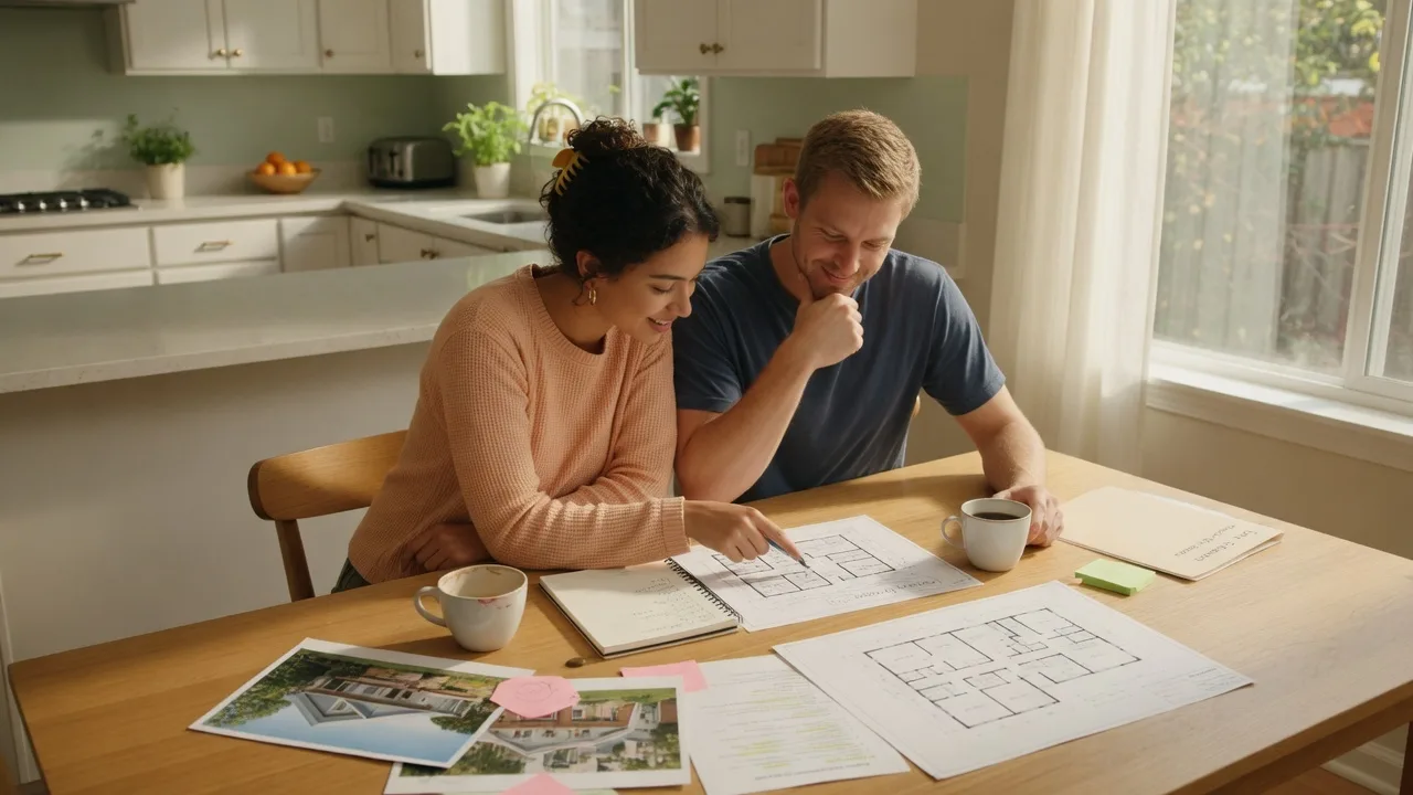 Couple reviewing paperwork and floor plans at a bright kitchen table while planning their first home purchase