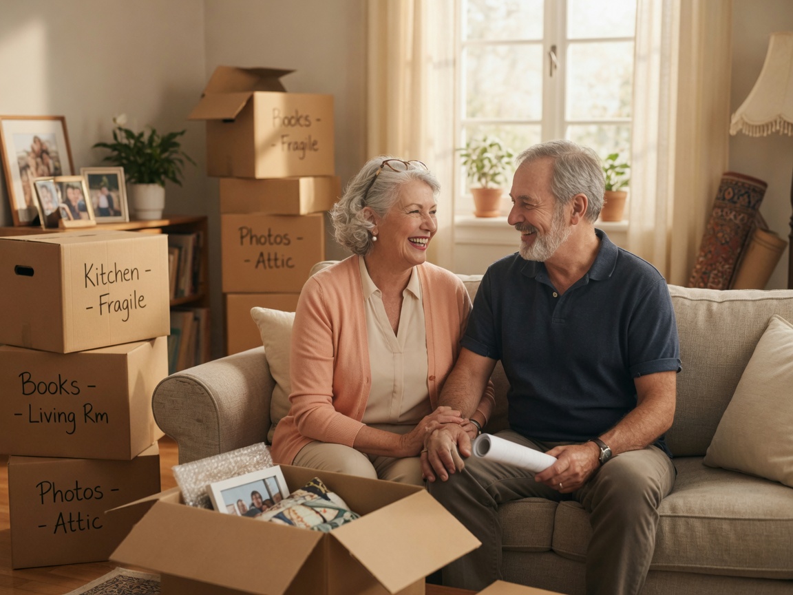 Couple in their new home surrounded by moving boxes