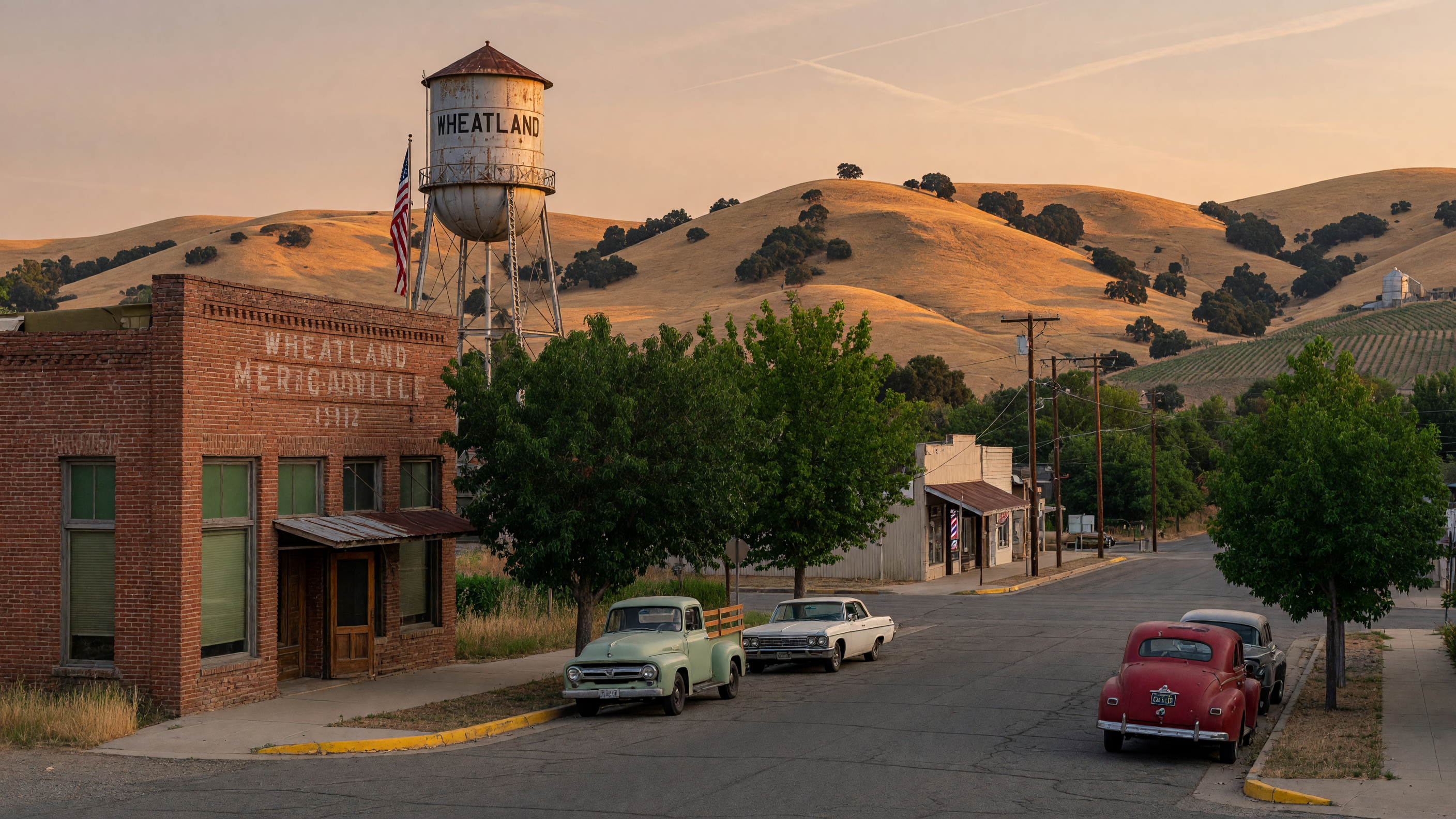 Small-town Wheatland California main street with rural landscape