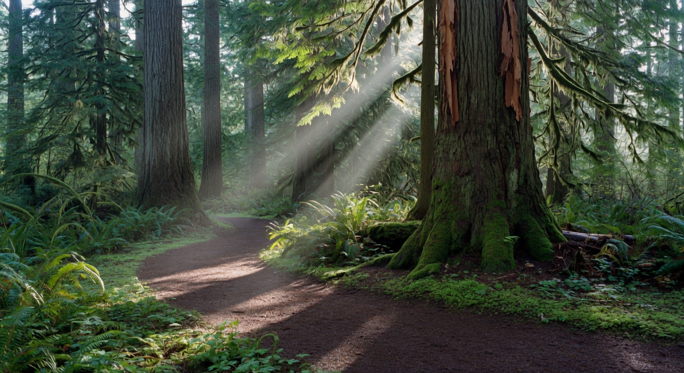 Lush trail with massive cedar trunks and god rays in Portland's Forest Park