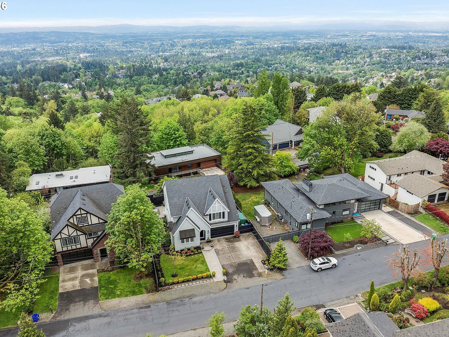 High-angle drone overview of Skyline Boulevard hillside area
