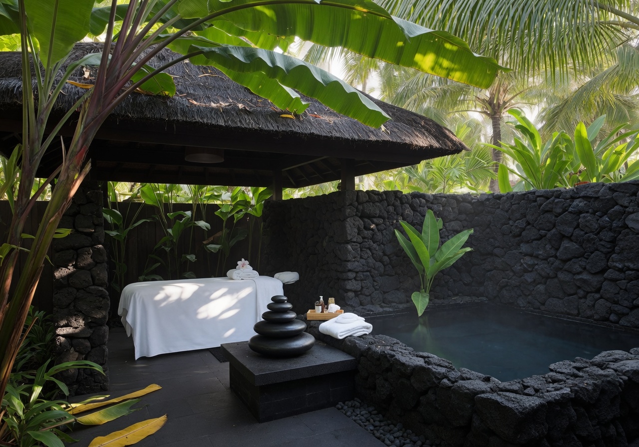 Peaceful luxury resort outdoor spa pavilion nestled in lush tropical gardens with lava rock accents