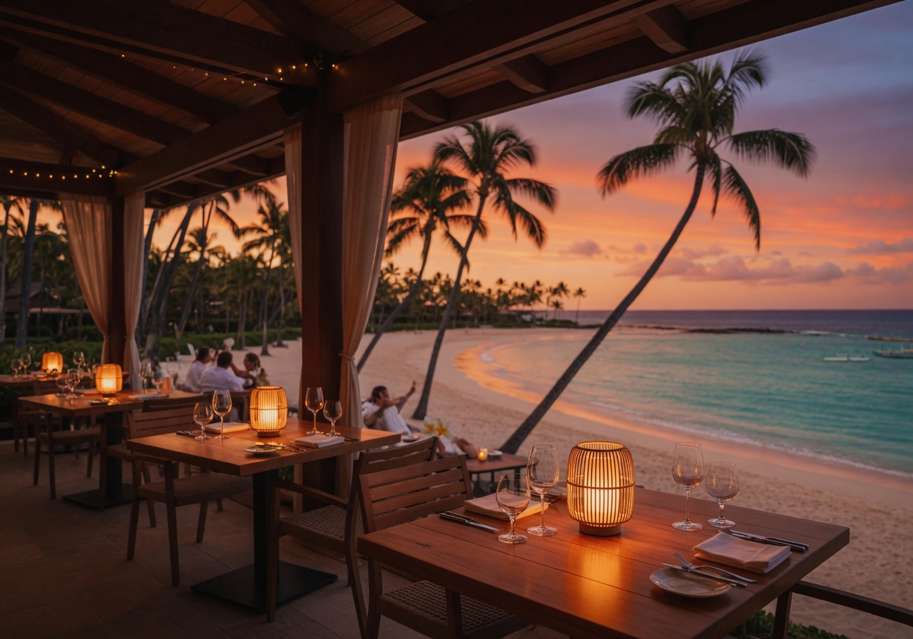 Elegant beachfront restaurant at sunset with glowing lanterns and views of the sapphire bay