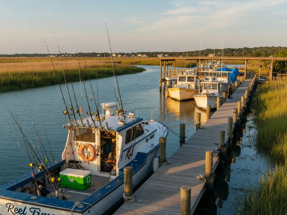 Charter fishing boat at Murrells Inlet marina near Myrtle Beach SC