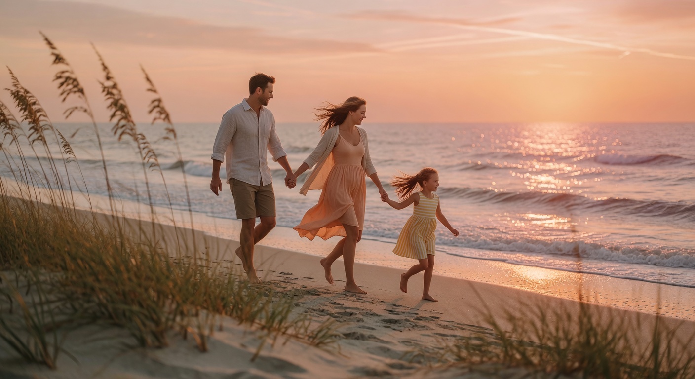 Family sunset on the beach in Myrtle Beach SC, symbolizing peaceful relocation