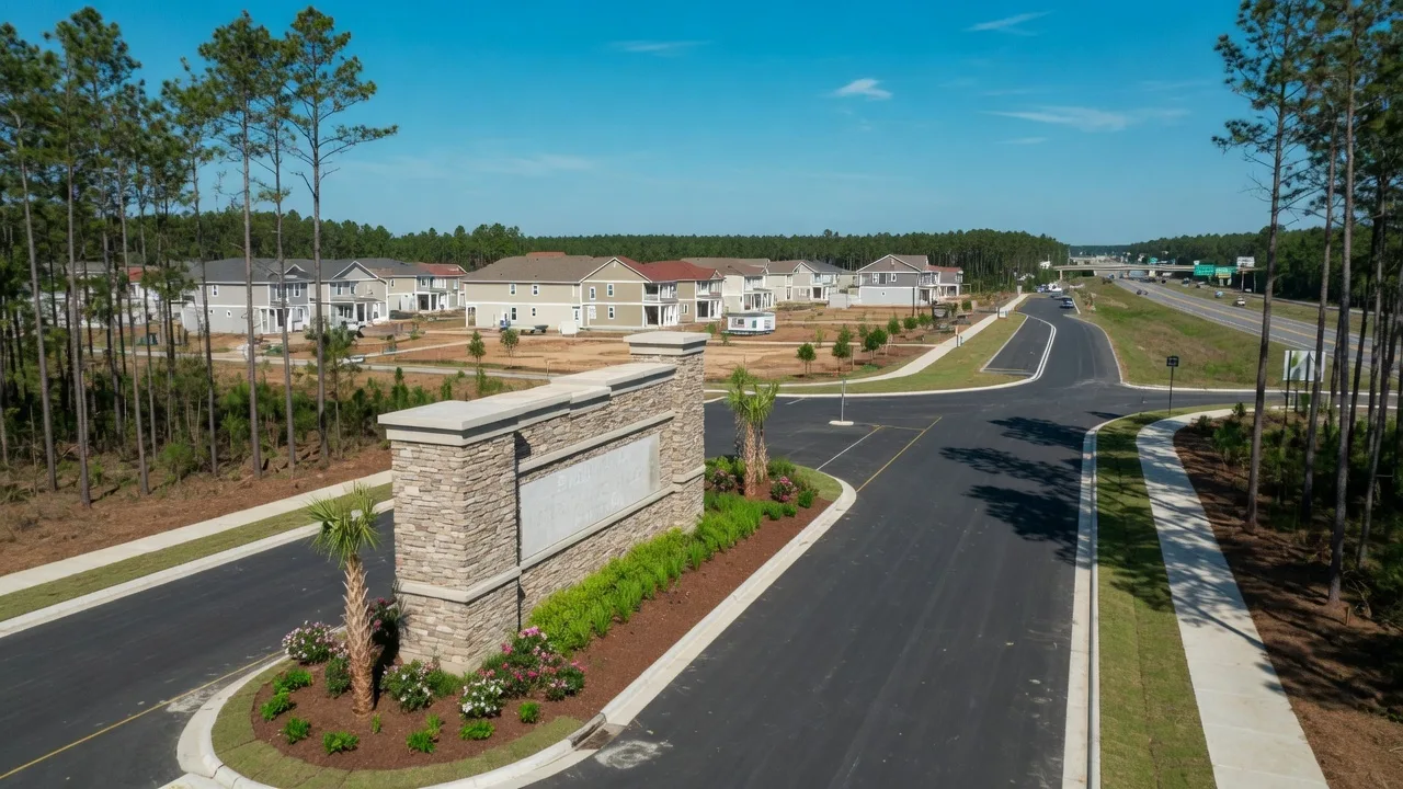 Aerial entrance view of the Arcadia master-planned community in Forestbrook, Myrtle Beach SC