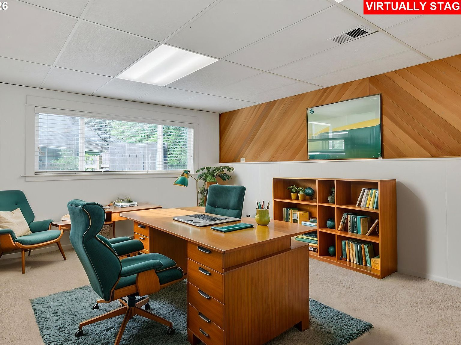 Basement bonus room styled as home office