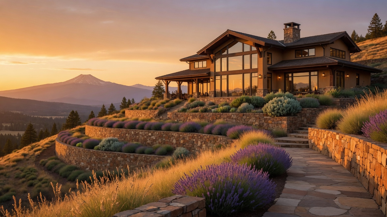 Luxury hillside home in Southern Oregon with mountain views at golden hour