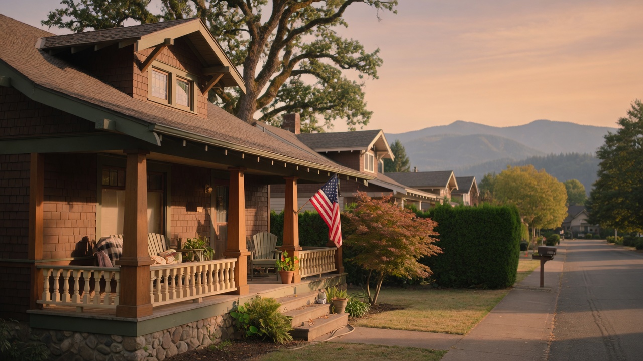 A warm, sunlit Craftsman home in a quiet Southern Oregon neighborhood with mature trees and mountain views in the distance
