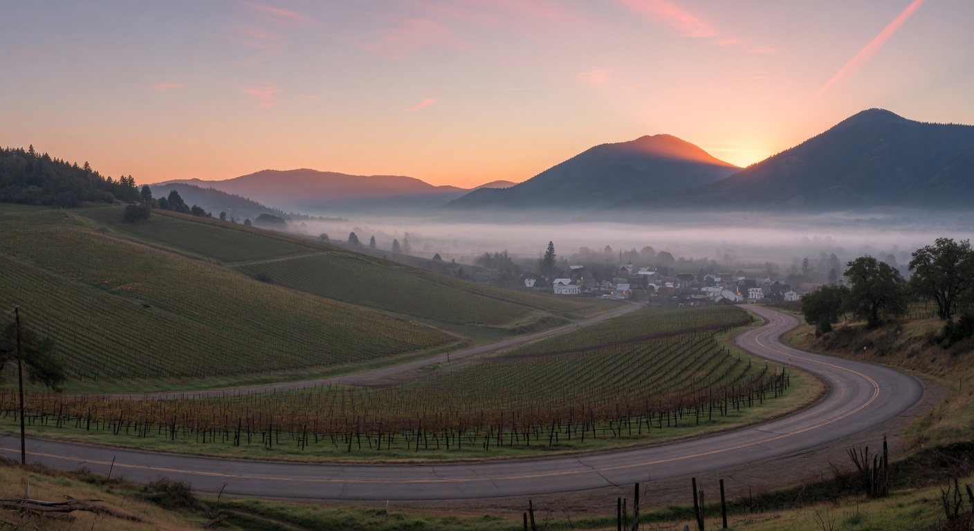 Beautiful scenic misty sunrise over Southern Oregon Applegate Valley