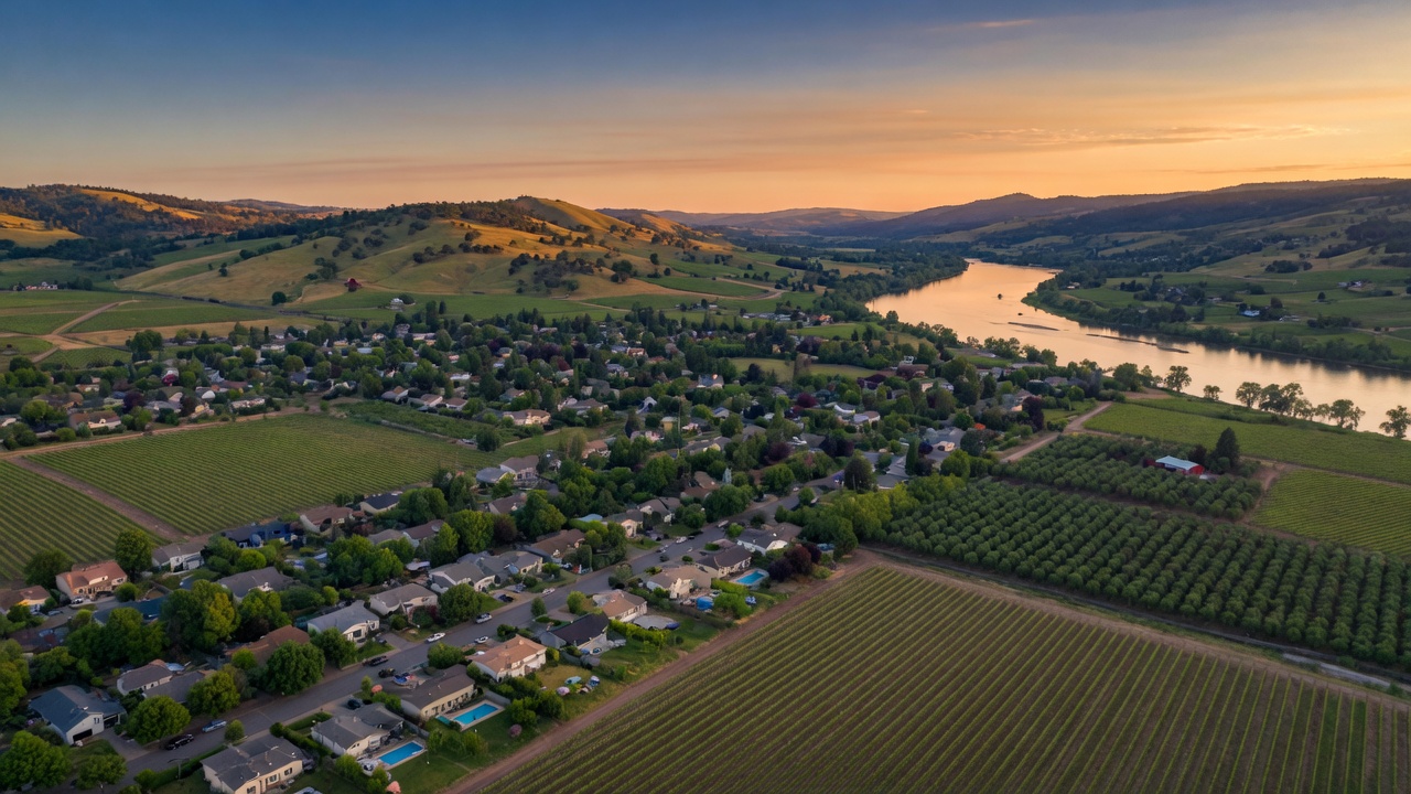 Aerial view of the Rogue Valley in Southern Oregon during summer, showing residential neighborhoods, vineyards, and the winding river reflecting golden sunlight