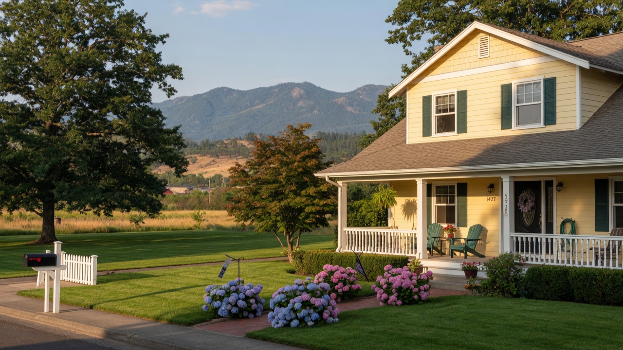 A charming Southern Oregon home on a bright summer afternoon with manicured lawn and mountain backdrop, representing peak curb appeal during the summer selling season