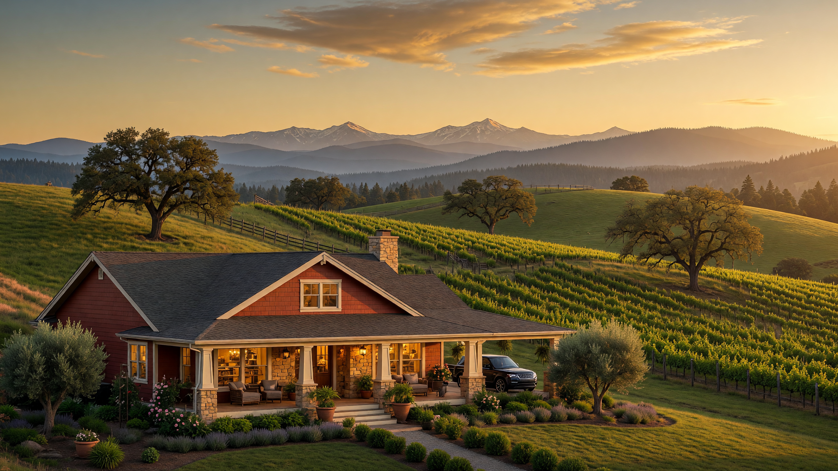 Scenic Southern Oregon summer landscape with vineyards and mountain backdrop at golden hour