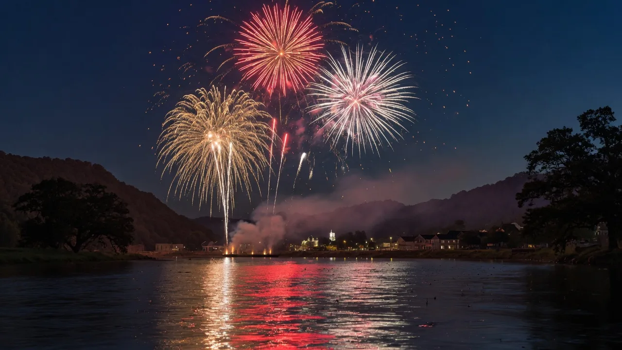 Colorful fireworks reflecting over water at night with silhouetted hills in the background