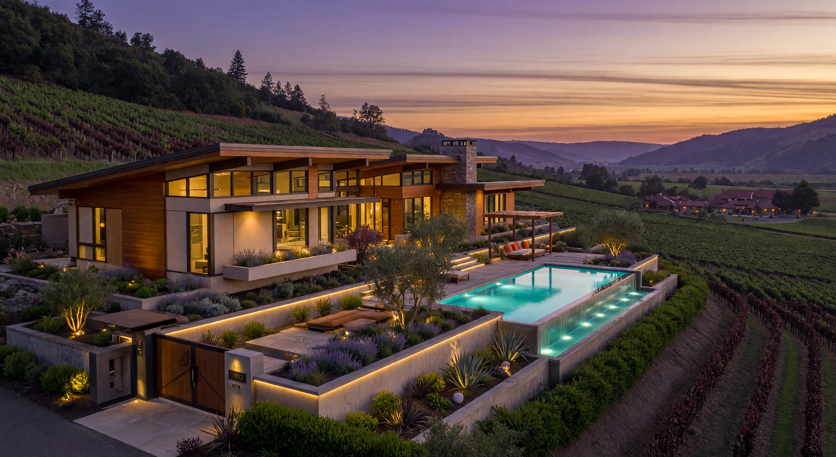 High-end southern Oregon custom home overlooking Rogue Valley vineyards at sunset