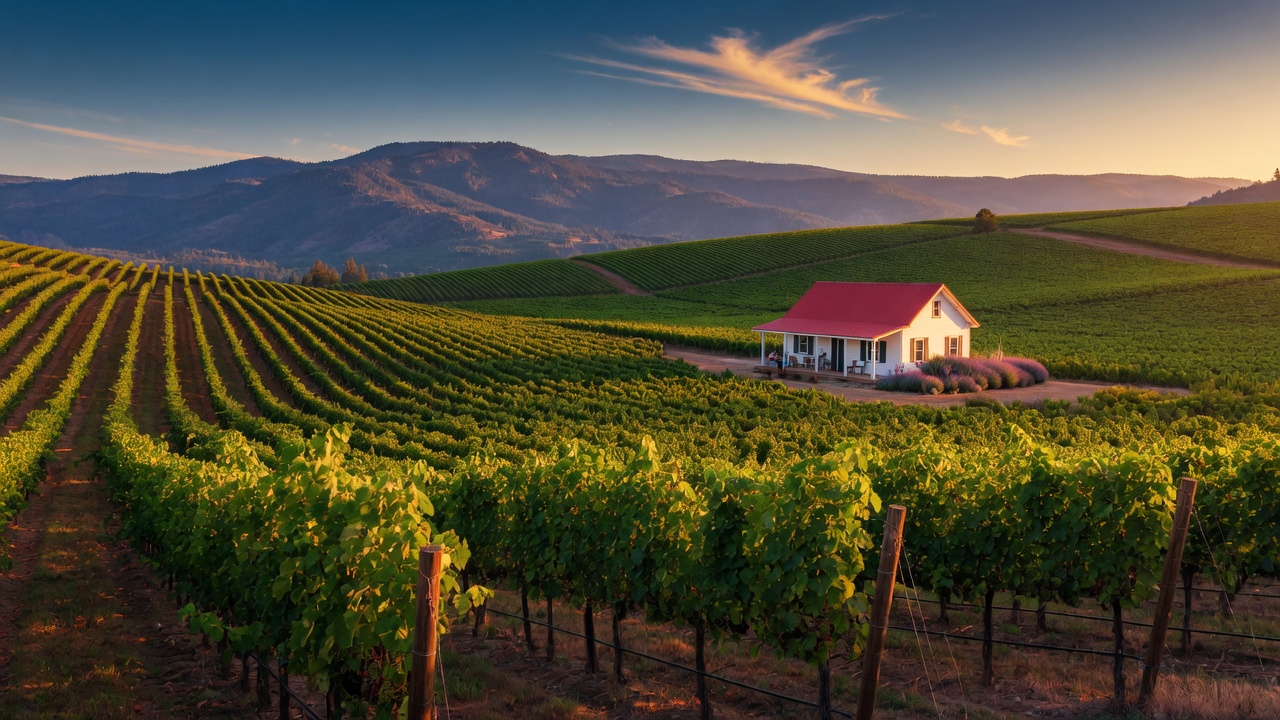 Rolling vineyard in Southern Oregon's Rogue Valley at golden hour with mountain backdrop